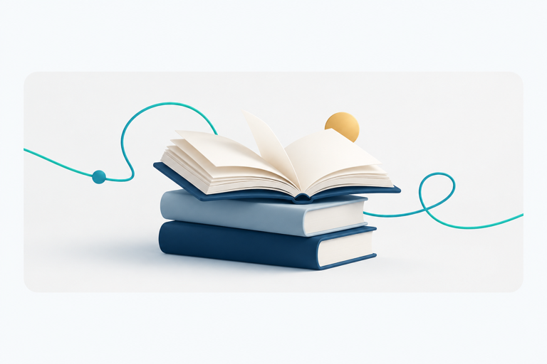 Open books connected by a teal continuity line